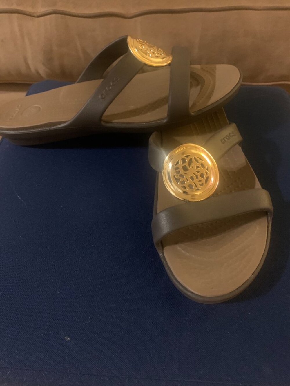 Crocs Sanrah Embellished Wedge Sandals in Espresso/Gold - Picture 4 of 7